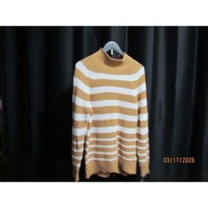 Womens Striped Mock Neck‎ Sweater Camel Brown White Knit Pullover Raglan Sleeve